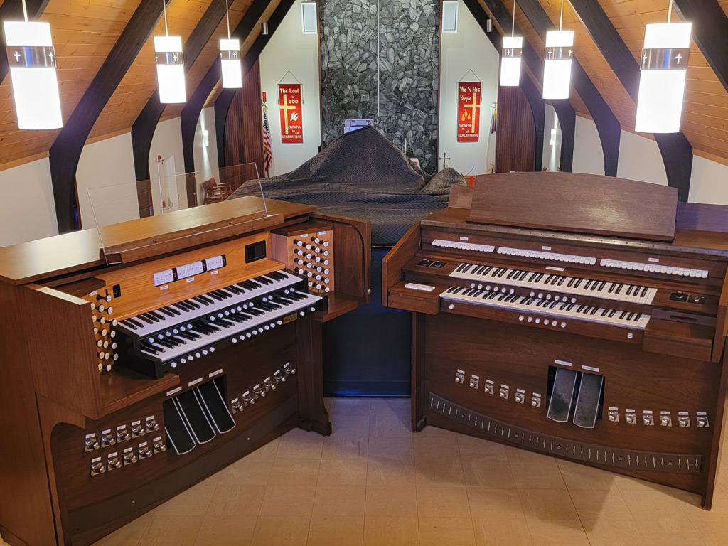Shown here inside St. Paul Lutheran Church in Parkersburg, West Virginia are the new Allen GX-235DK (left) beside their Allen 301C MOS 1 digital organ originally installed in 1971.  The Allen organ had served the congregation for 50 years and was playing a service on the day the new organ was installed. The organ had only two service calls during its long life at St. Paul’s.  A new organ was desired in order to get the new features that have been introduced with the Allen APEX tone generation! Touch screen console controller, GeniSys Voices, WiFi with Smart Phone Remote and the dramatic difference in the realistic pipe tone available with APEX Technology.